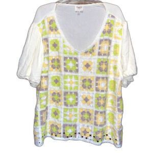 Hayden Los Angeles Women's 2XL Vintage Granny Square Puff Sleeve Top Prairie